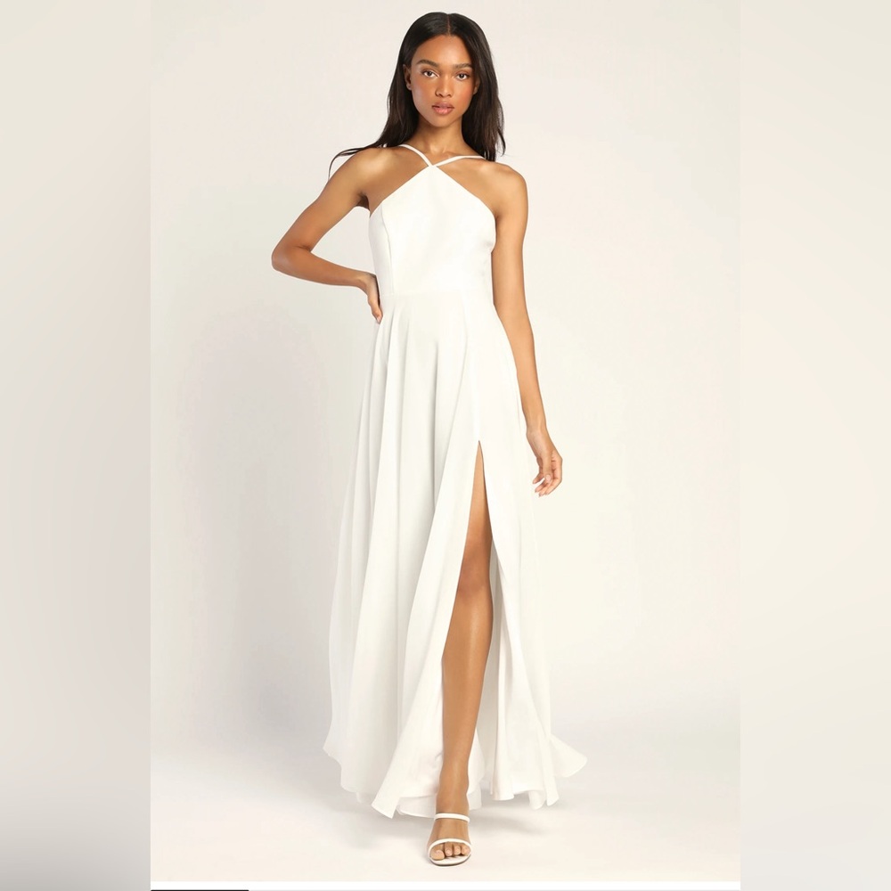 LULUS Absolutely Breathtaking Halter Gown in Cream Size Small
